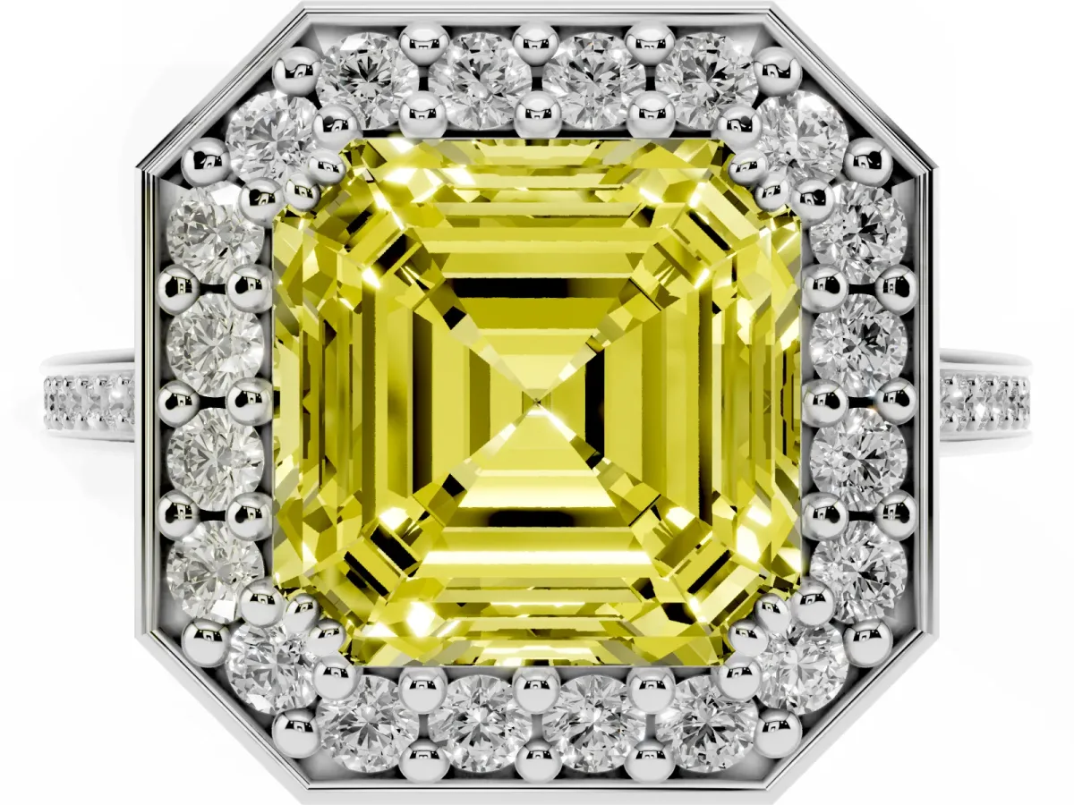 Fancy Yellow Asscher Cut Diamond Halo Ring with Split Shank and Four-Prong Setting Silver