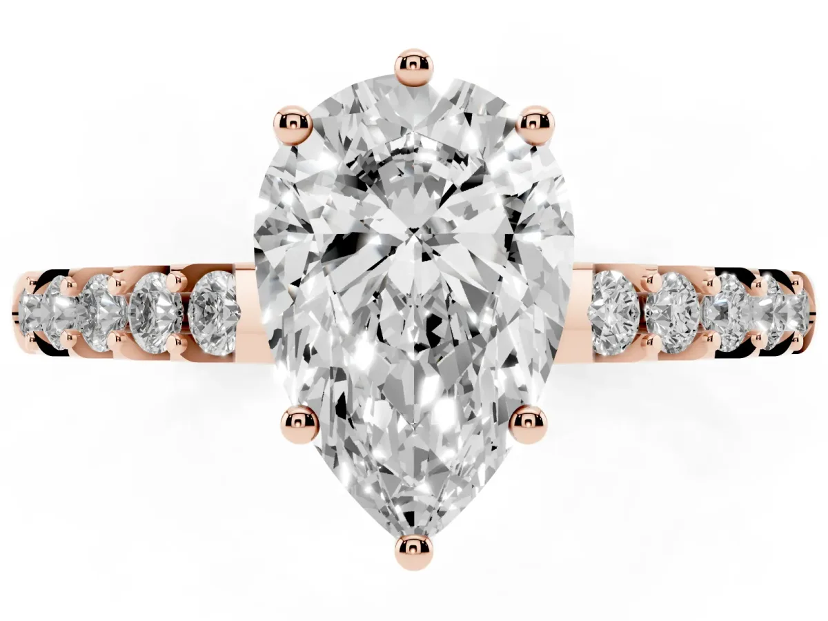 Pear Cut Solitaire Diamond Engagement Ring with Pavé Band and Six-Prong Setting Rose gold