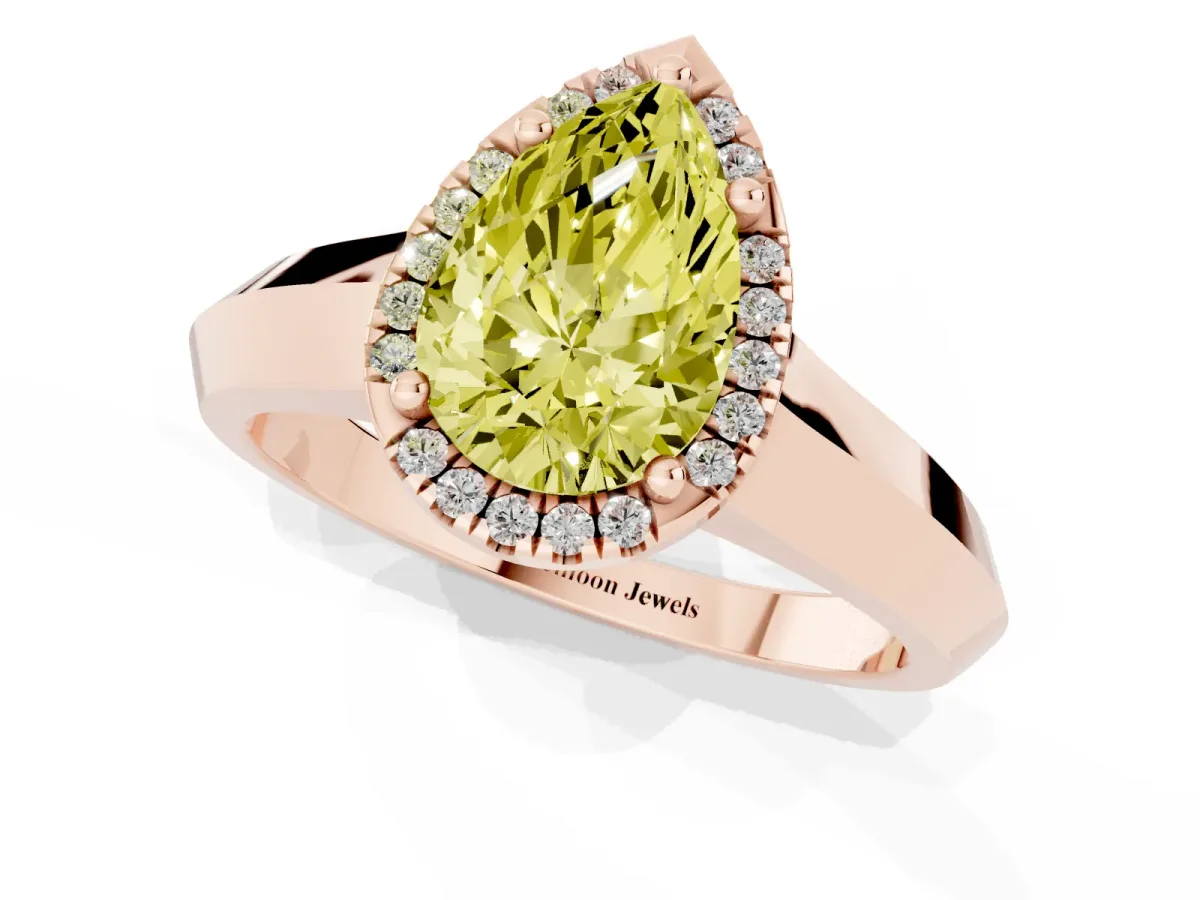 Fancy Yellow Pear Cut Halo Diamond Ring with Cathedral Band and Four-Prong Setting Rose gold