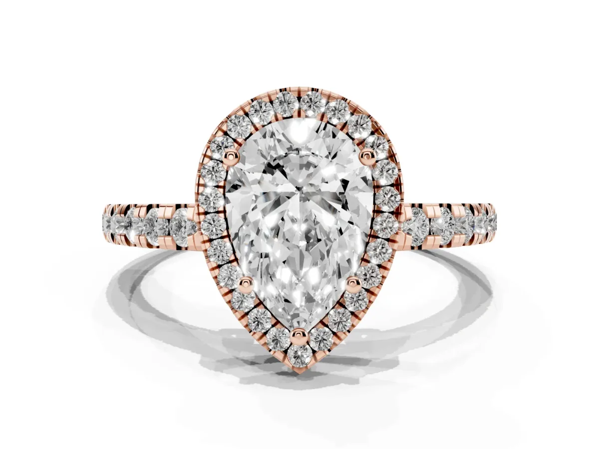 Pear Cut Diamond Halo Ring with Pavé Band and Four-Prong Setting Rose gold