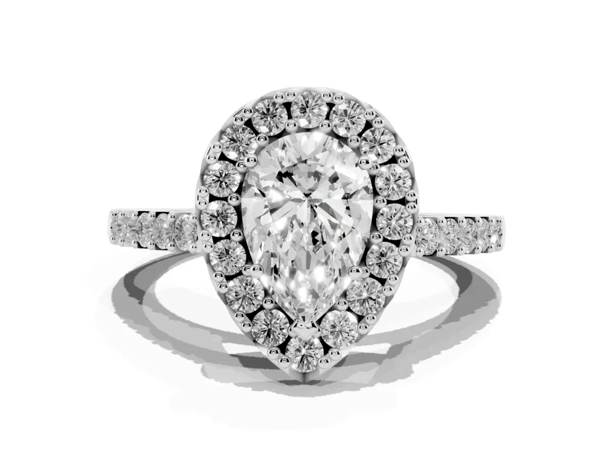 Pear Cut Halo Diamond Pavé Solitaire Ring Silver