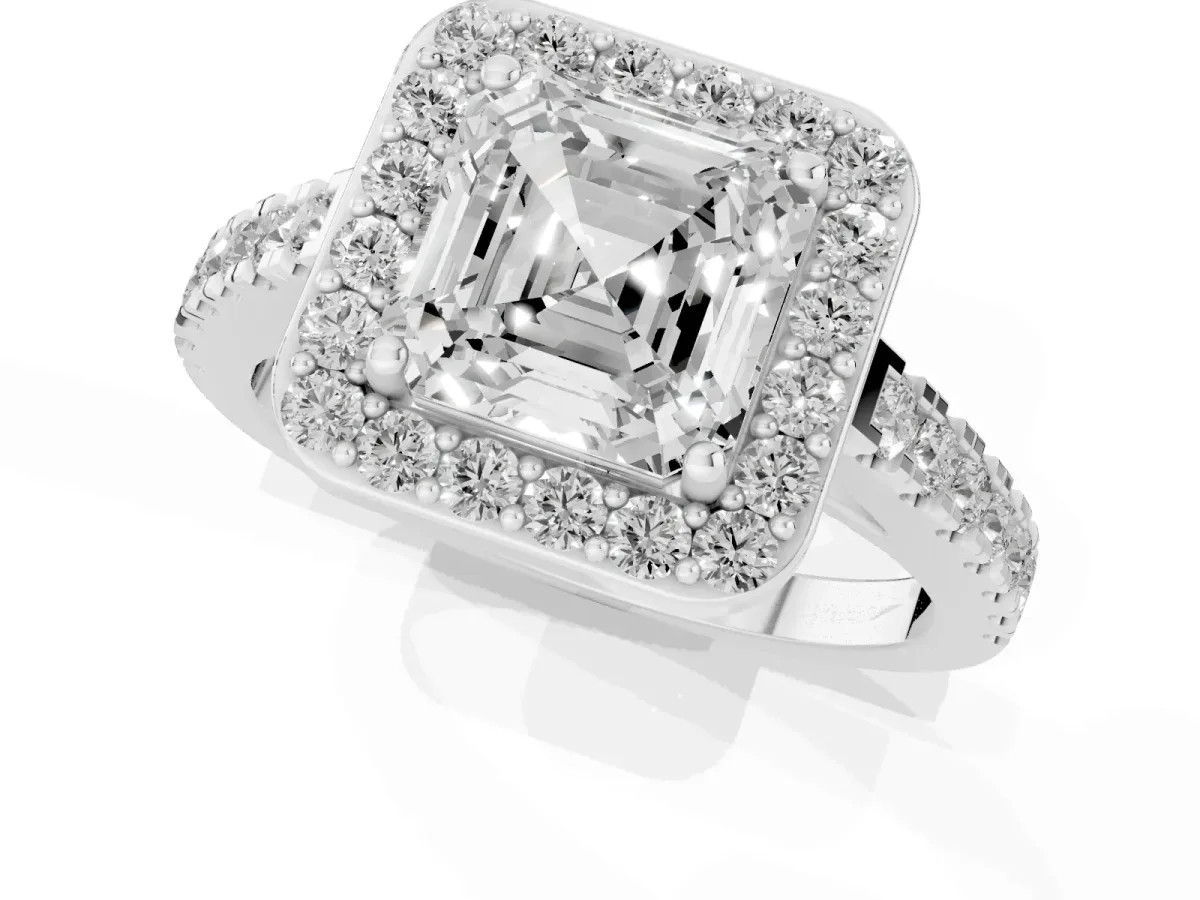 Asscher Cut Diamond Halo Ring with Round Pavé Split Shank and Prong Setting Silver