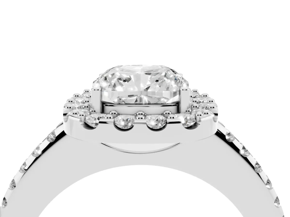 Cushion Cut Diamond Pavé Halo Ring with Four-Prong Setting Silver