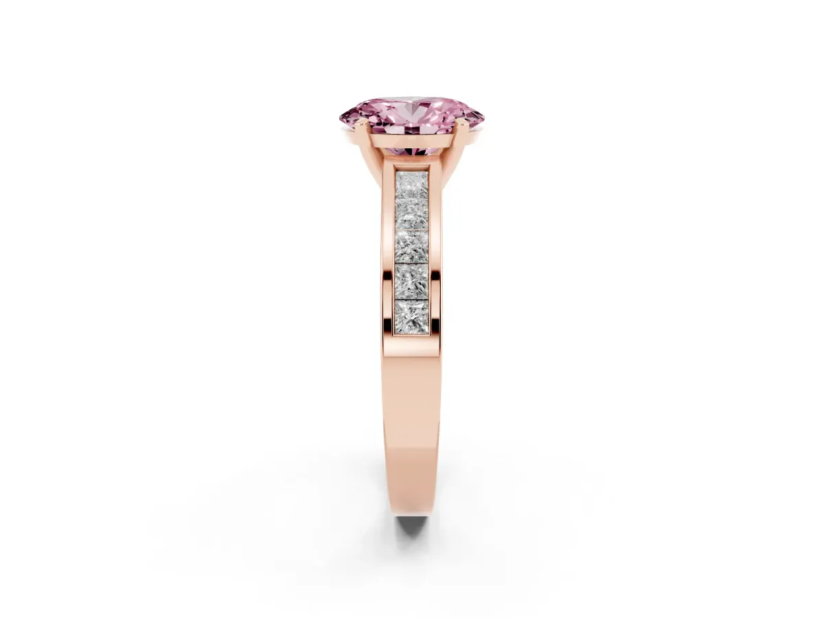 Fancy Pink Oval Cut Solitaire Diamond Ring with Channel-Set Band and Four-Prong Setting Rose gold