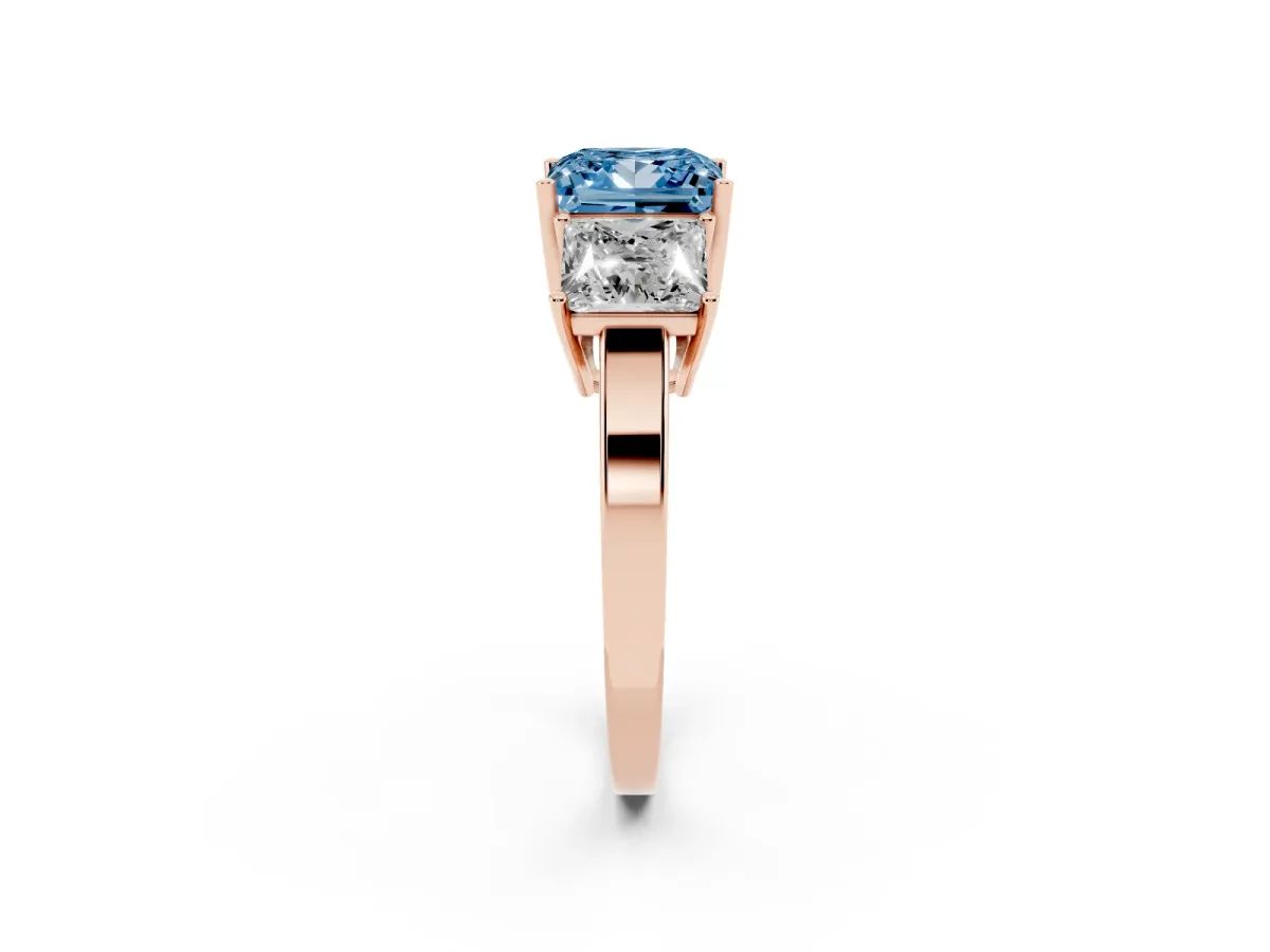 Fancy Blue Three-Stone Princess Cut Cut Diamond Engagement Ring with Flat Band and Four-Prong Setting Rose gold