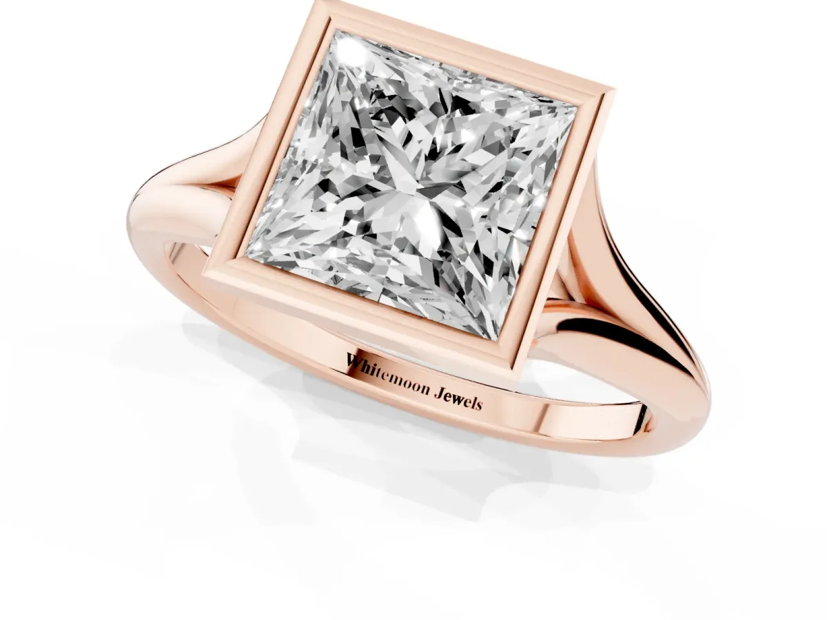 Bezel Set Princess Cut Cut Solitaire Ring with Tapered Band Rose gold