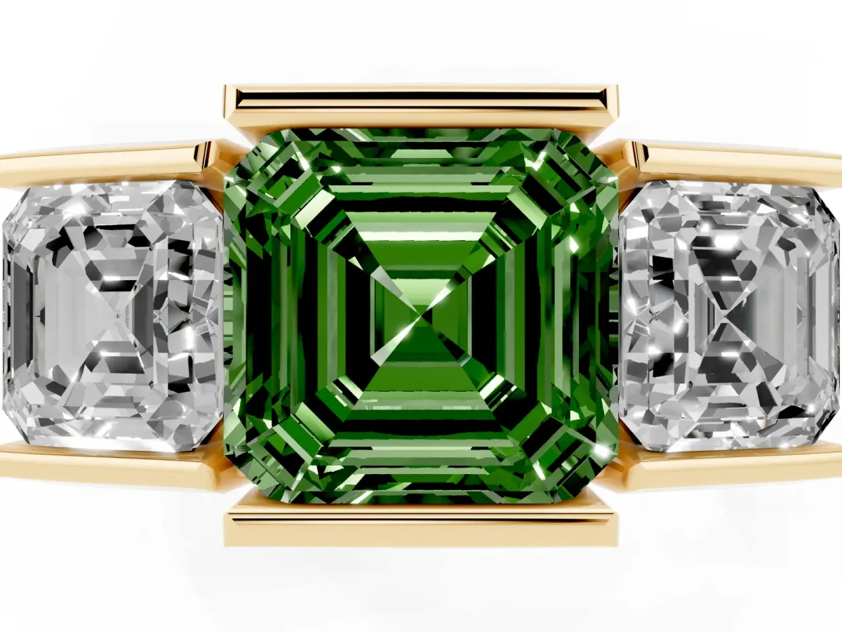 Fancy Green Three Stone Asscher Cut Cut Channel Set Diamond Ring Yellow gold