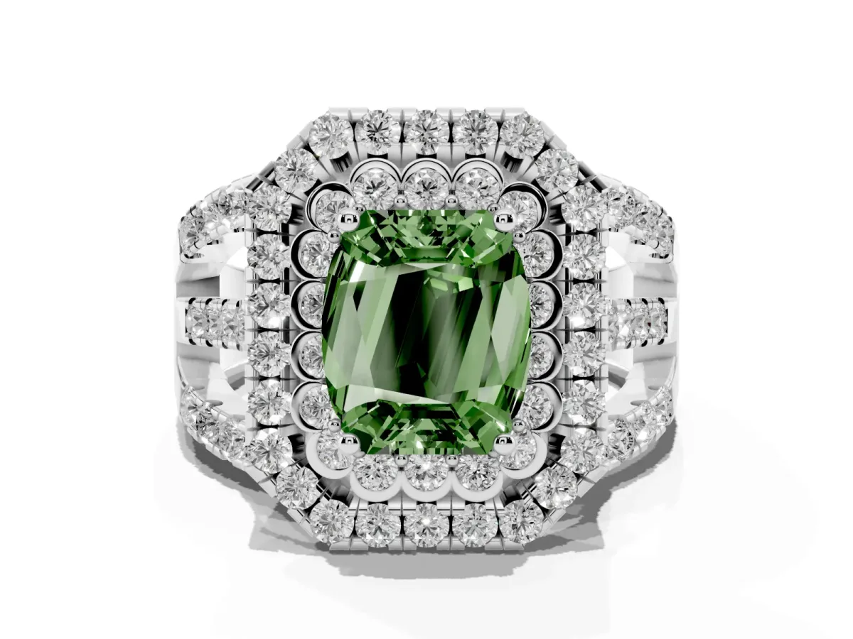 Fancy Green Emerald Cut Diamond Double Halo Ring with Round Pavé Split Shank and Prong Setting Platinum