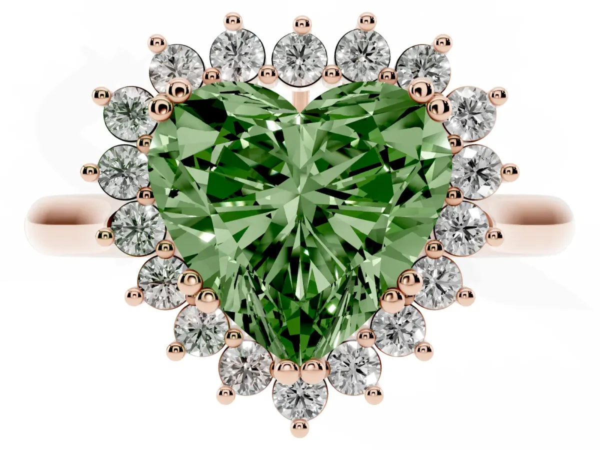 Fancy Green Heart Cut Cut Diamond Halo Ring with Solitaire Band and Prong Setting Rose gold
