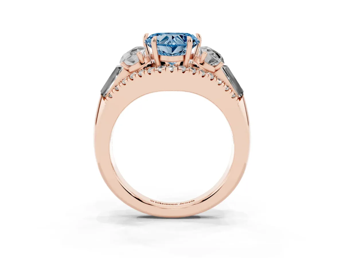 Fancy Blue Three-Stone Heart Cut Diamond Engagement Ring with Pave Band and Prong Setting Rose gold