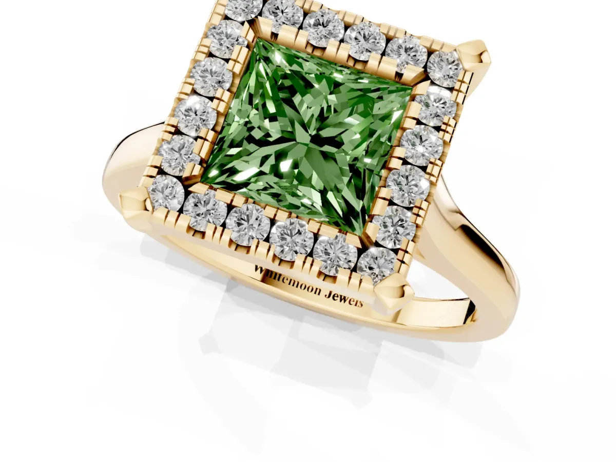 Fancy Green Princess Cut Diamond Cluster Halo Solitaire with Four-Prong Setting Yellow gold