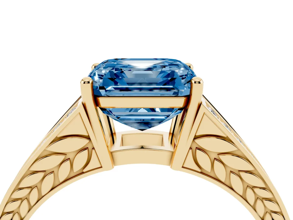 Fancy Blue Asscher Cut Diamond Split Shank Ring with Pavé Band and Four-Prong Setting Yellow gold