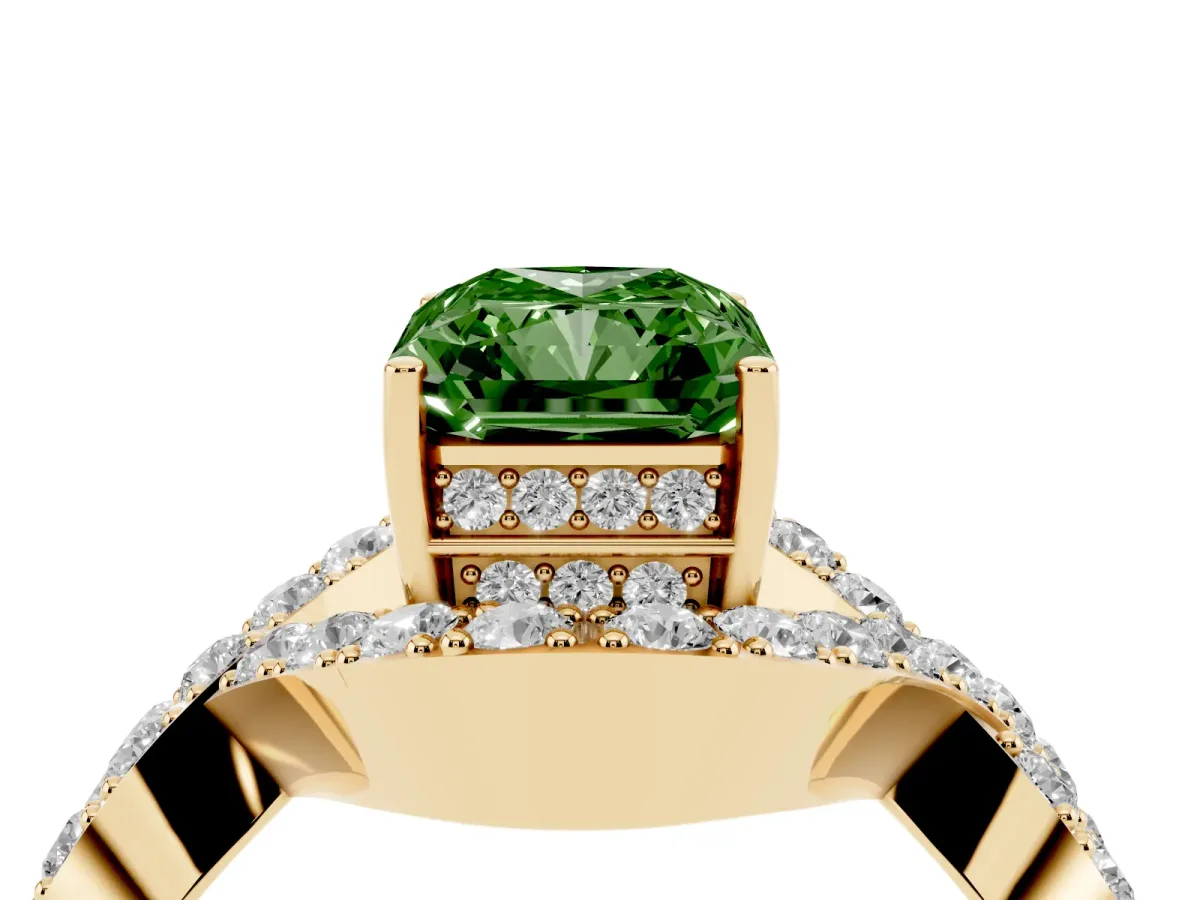 Fancy Green Radiant Cut Solitaire Twist Band Pavé Diamond Engagement Ring Yellow gold