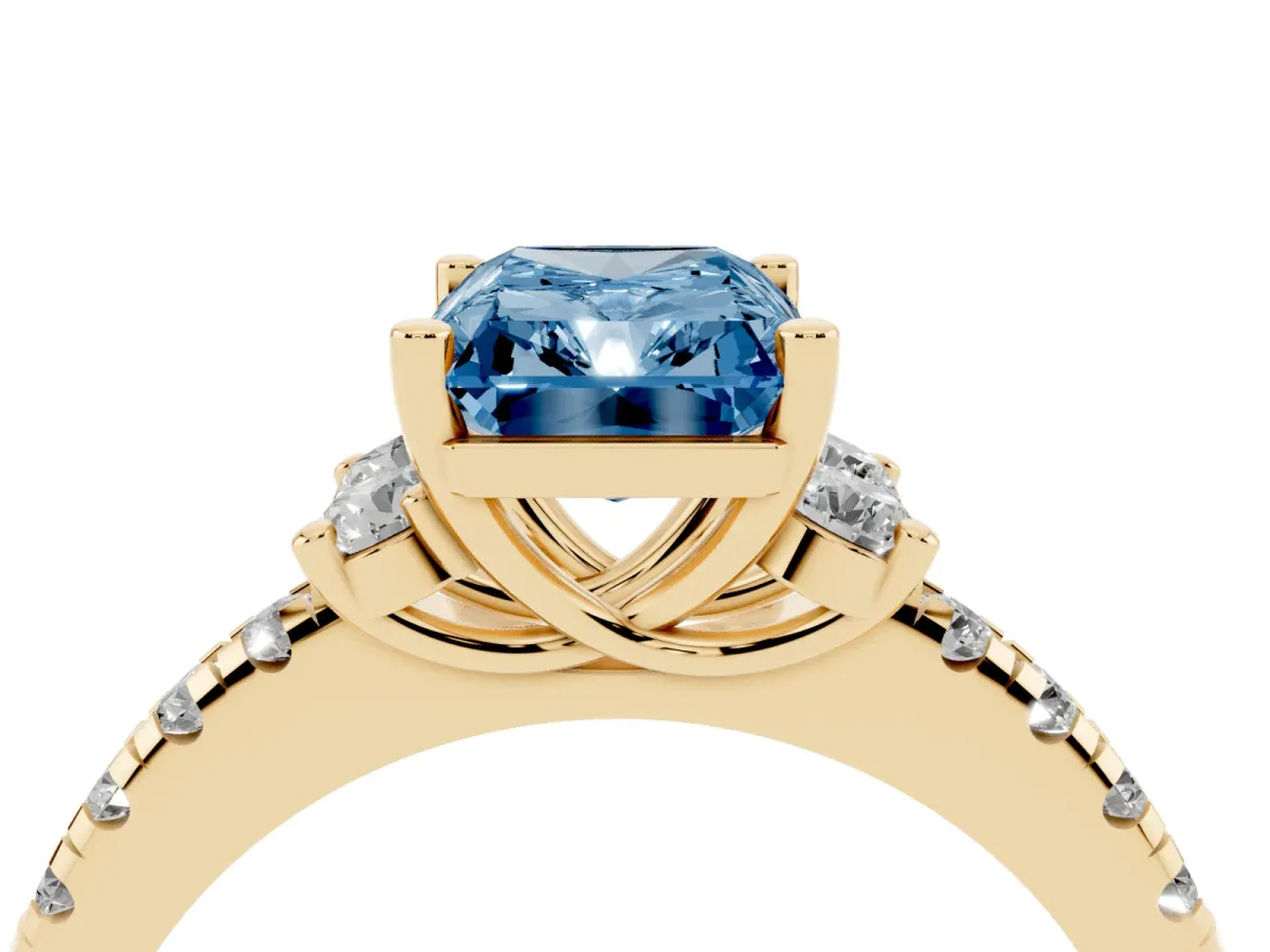 Fancy Blue Radiant Cut Diamond Three-Stone Pave Band with Four-Prong Setting Yellow gold