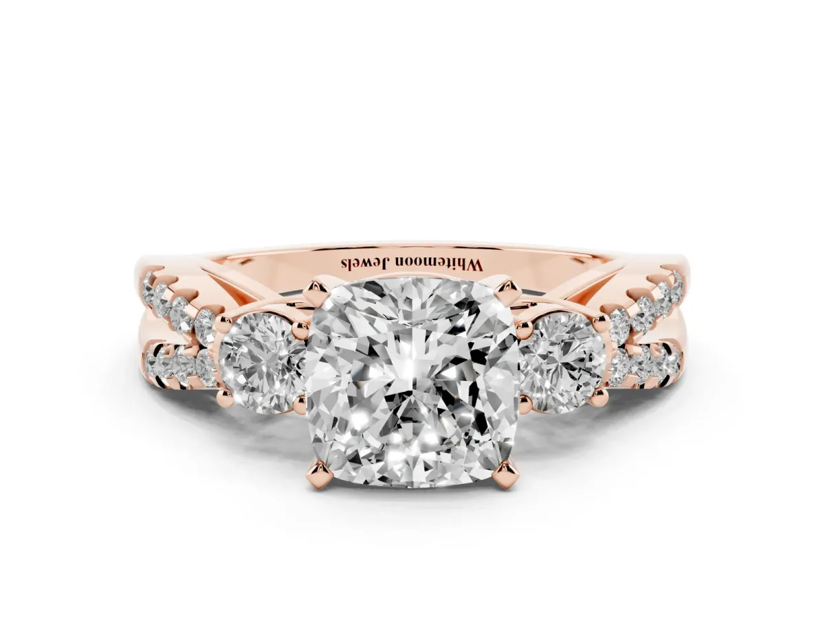 Cushion Cut Diamond Three-Stone Ring with Pavé Split Shank and Four-Prong Setting Rose gold