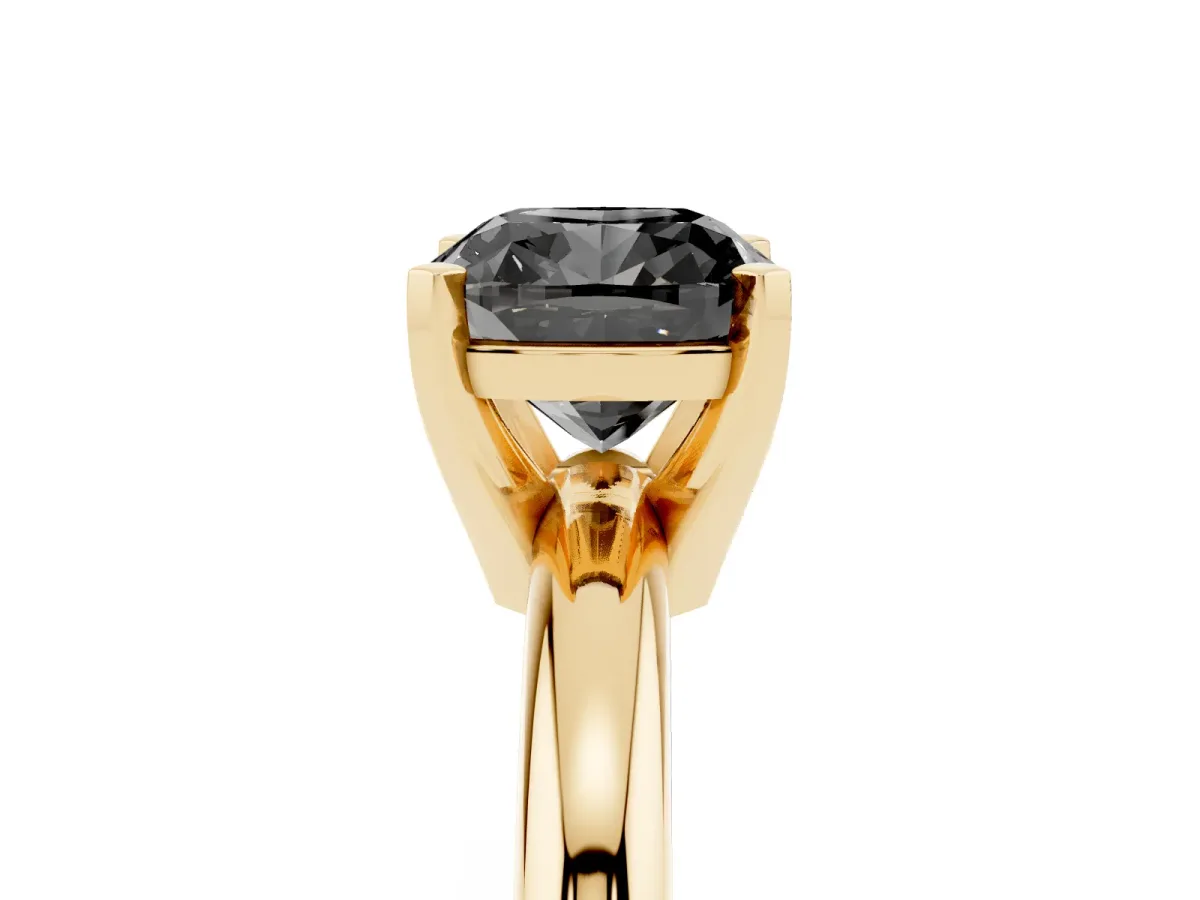 Fancy Black Cushion Cut Diamond Solitaire Engagement Ring with Round Band and Four-Prong Setting Yellow gold