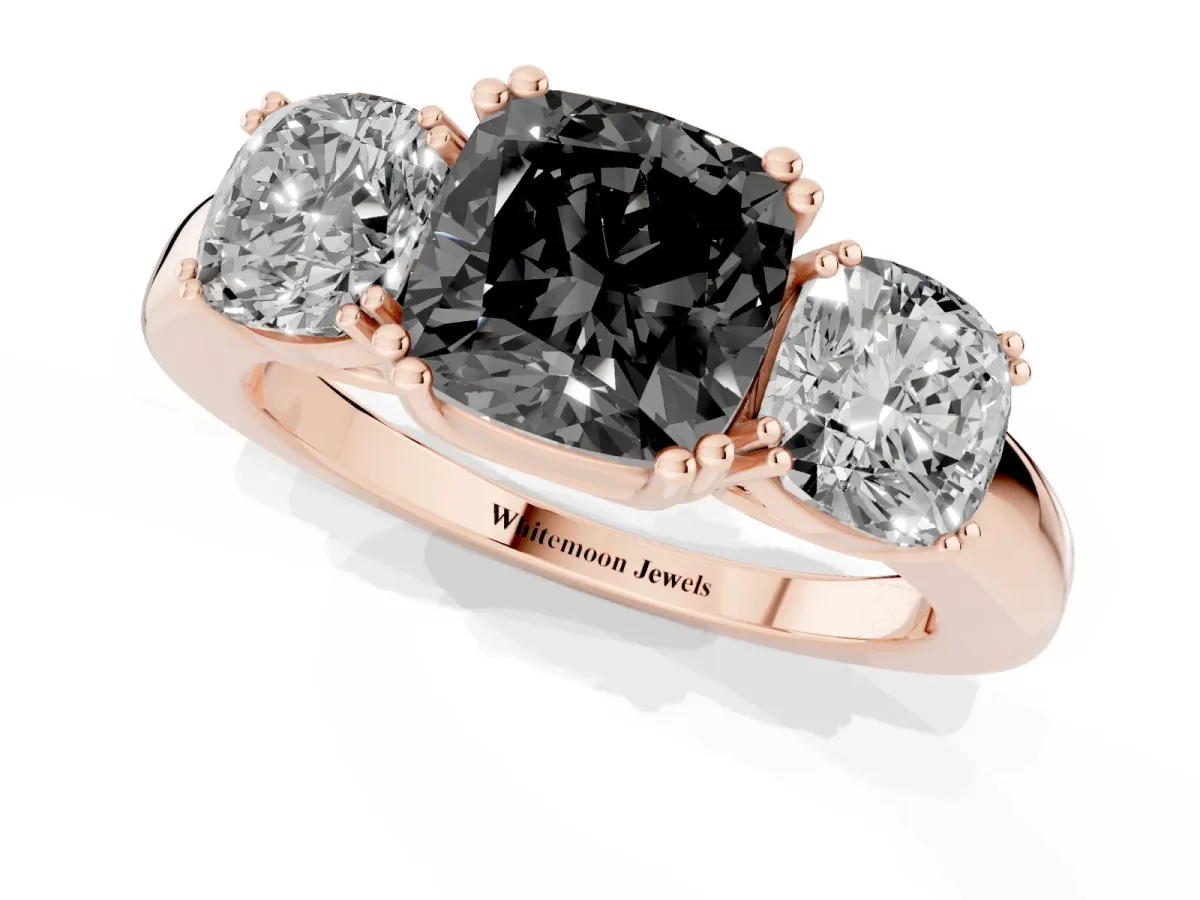 Fancy Black Three-Stone Cushion Cut Cut Diamond Ring with Channel Set Band and Four-Prong Setting Rose gold