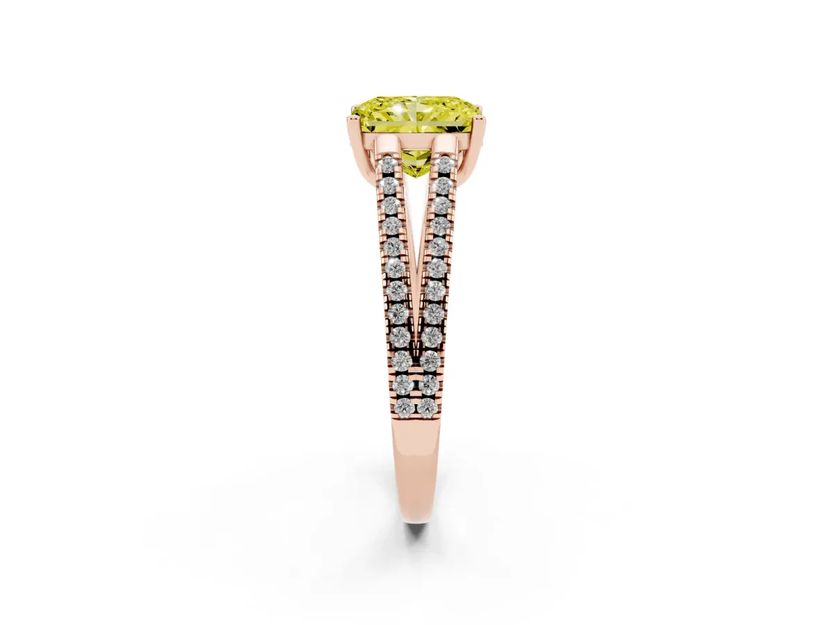 Fancy Yellow Radiant Cut Diamond Solitaire Engagement Ring with Split Shank Pavé Band Rose gold