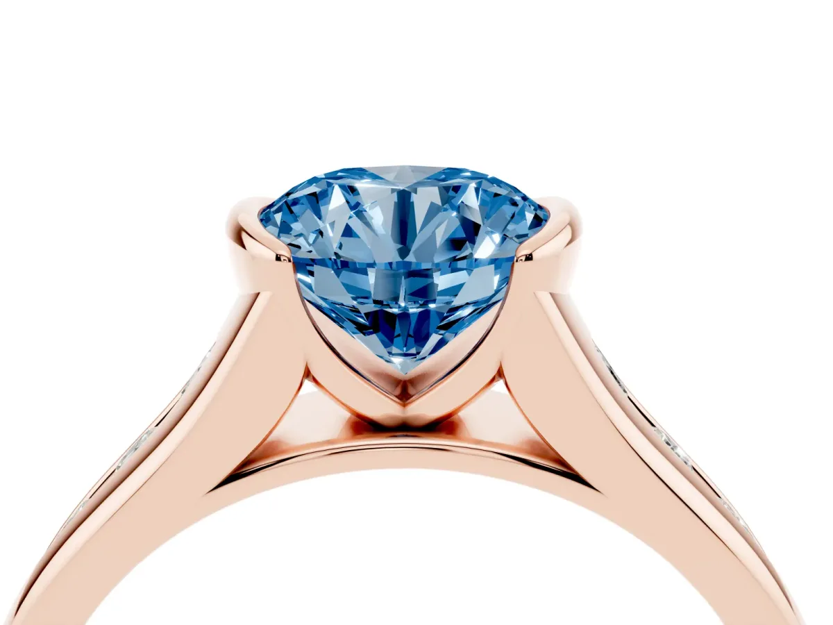 Fancy Blue Round Cut Solitaire Bezel-Set Diamond Ring with Channel-Set Band Rose gold