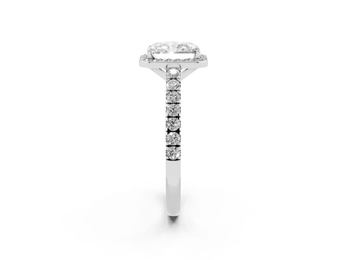 Radiant Cut Cut Halo Diamond Engagement Ring with Pave Band and Four-Prong Setting Silver