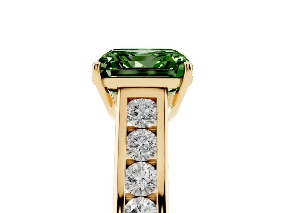 Fancy Green Asscher Cut Solitaire Channel-Set Diamond Engagement Ring with Four-Prong Setting Yellow gold