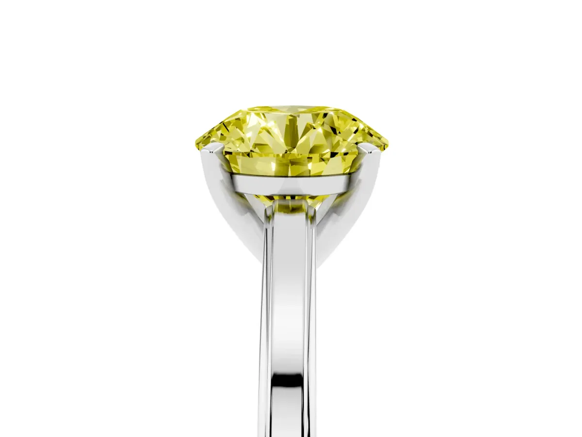 Fancy Yellow Round Cut Solitaire Diamond Ring with Four-Prong Setting and Classic Band Platinum