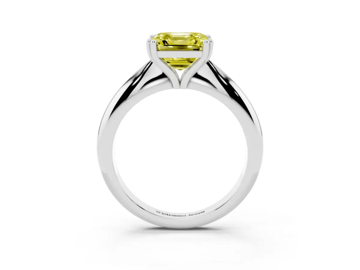 Fancy Yellow Asscher Cut Cut Solitaire Engagement Ring with Tapered Band and Four-Prong Setting Platinum