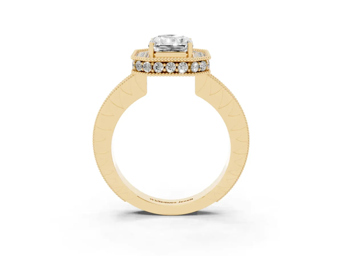Radiant Cut Diamond Milgrain Halo Engagement Ring with Round Pavé Band and Prong Setting Yellow gold
