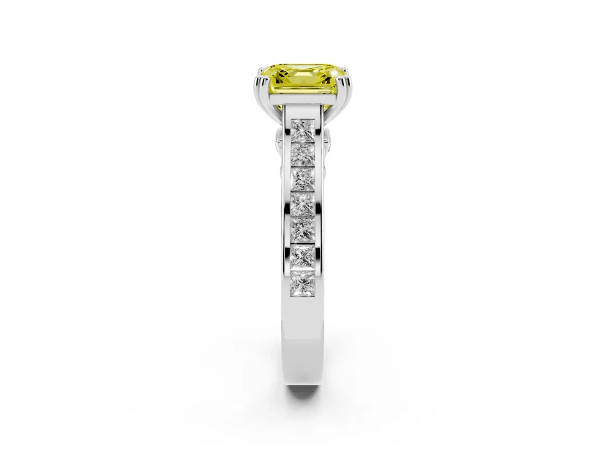 Fancy Yellow Asscher Cut Cut Channel Set Solitaire Engagement Ring with Prong Setting Silver