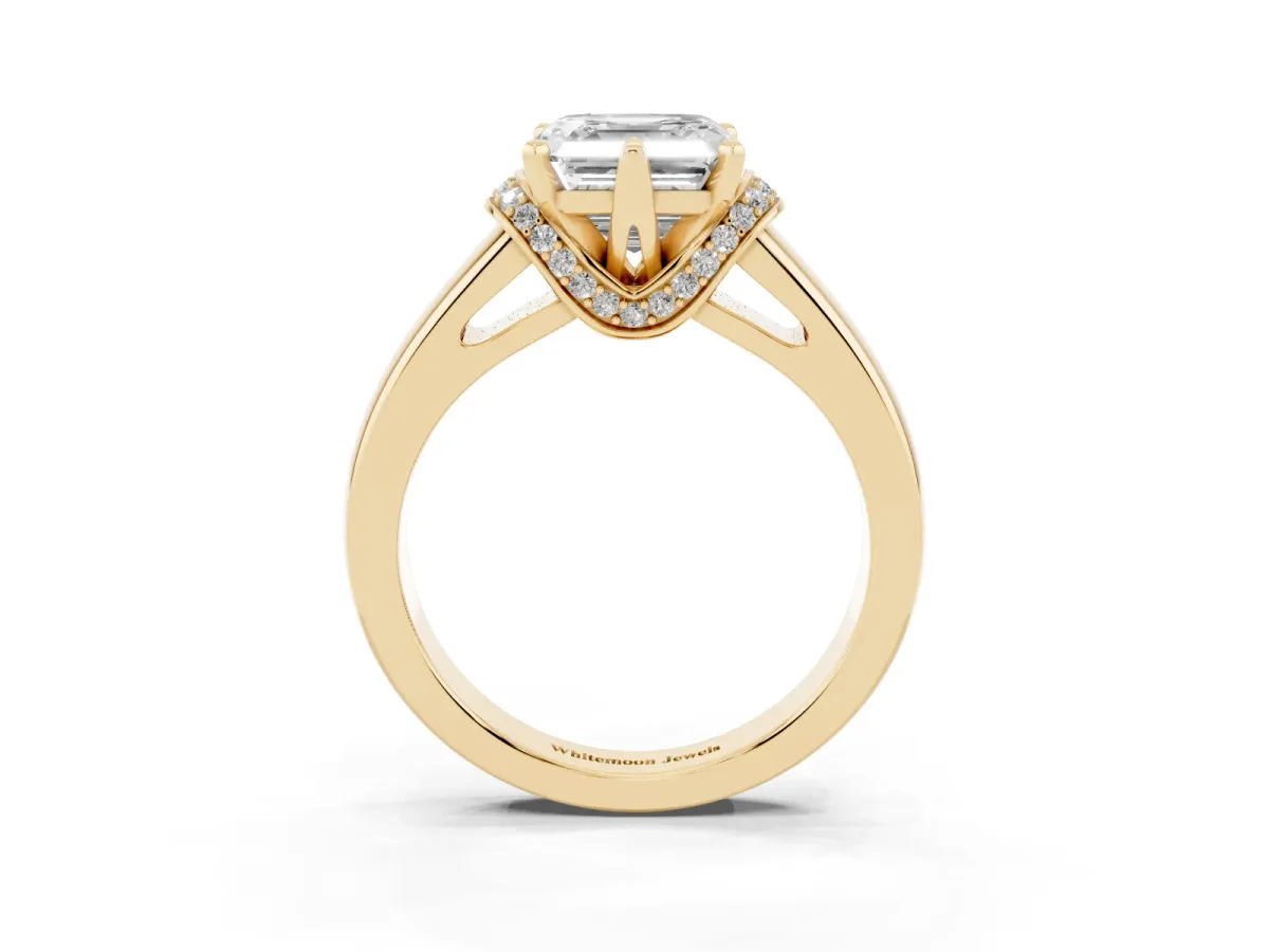 Asscher Cut Solitaire Diamond Ring with Pave Band and Six-Prong Setting Yellow gold