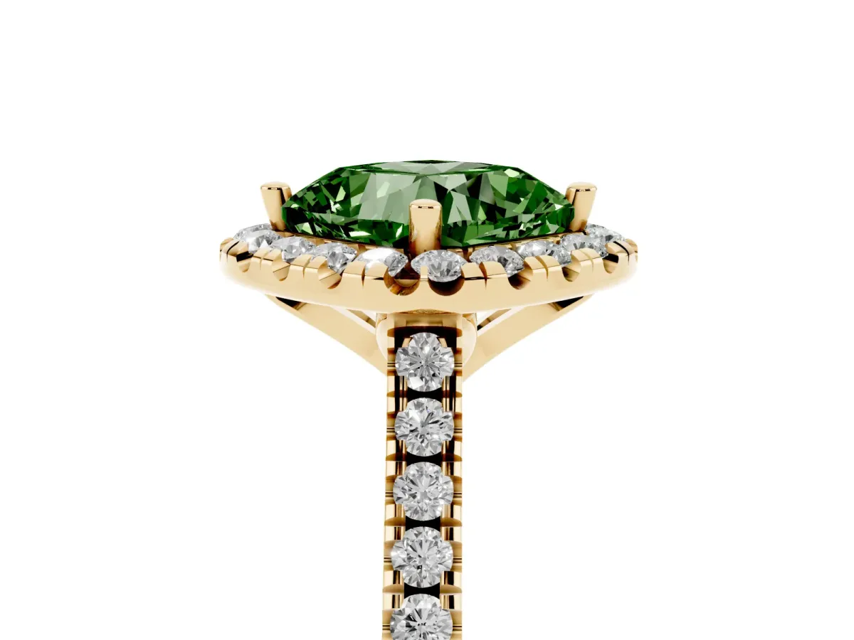 Fancy Green Cushion Cut Diamond Cushion Halo Ring with Pavé Band Yellow gold