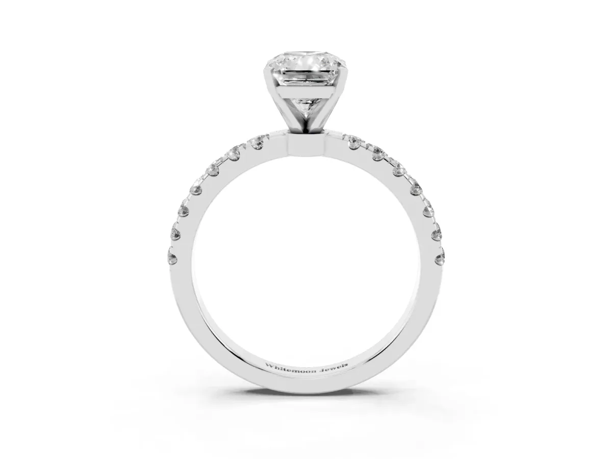 Radiant Cut Diamond Solitaire Ring with Pavé Accents and Four-Prong Setting Platinum