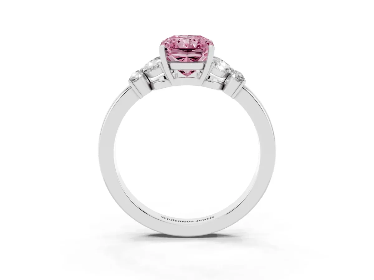 Fancy Pink Radiant Cut Cut Solitaire Floral Diamond Ring with Four-Prong Setting Silver