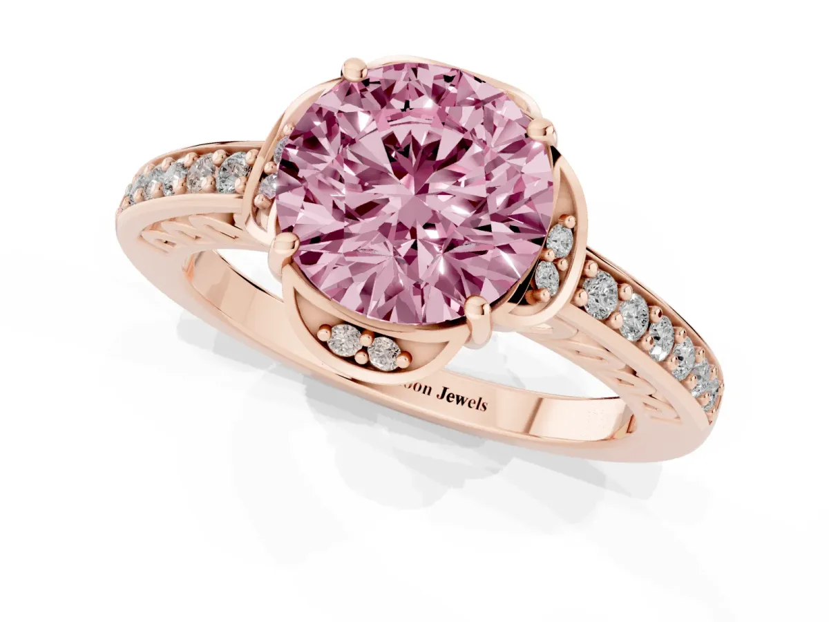 Fancy Pink Round Cut Cut Halo Diamond Ring with Channel Set Band and Four-Prong Setting Rose gold