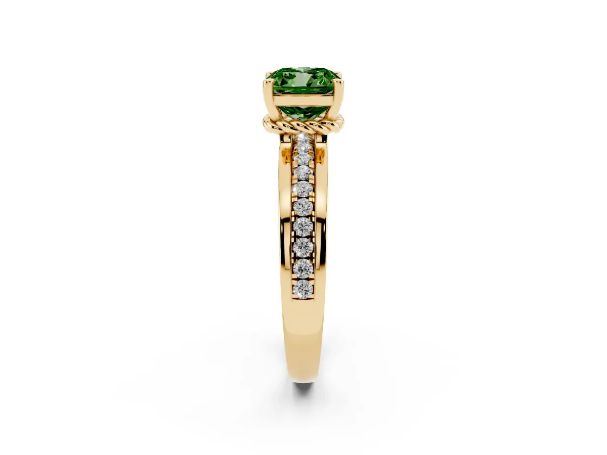 Fancy Green Cushion Cut Solitaire Diamond Ring with Channel Set Band and Six-Prong Setting Yellow gold