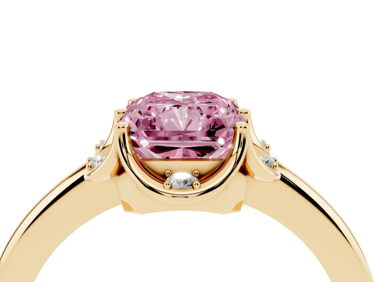 Fancy Pink Radiant Cut Halo Diamond Ring with Round Cluster Setting, Solitaire Band, and Four-Prong Setting Yellow gold