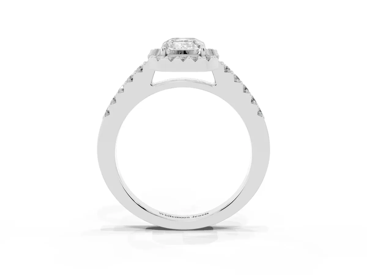 Emerald Cut Halo Diamond Pavé Solitaire Ring Platinum