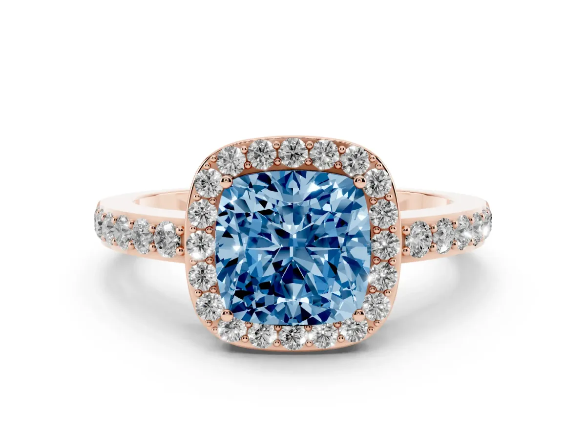 Fancy Blue Cushion Cut Halo Diamond Pavé Band Ring with Prong Setting Rose gold