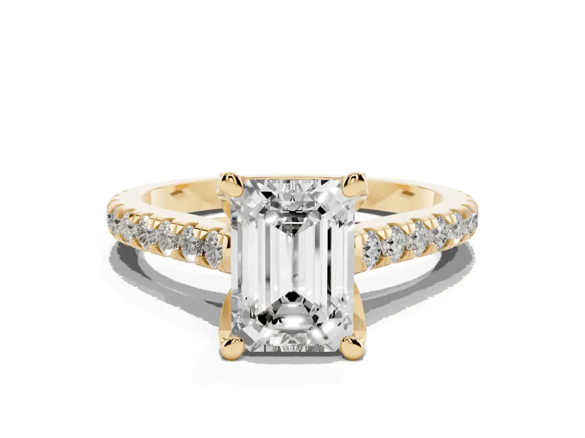 Emerald Cut Brilliant Diamond Solitaire with Pavé Band and Four-Prong Setting Yellow gold