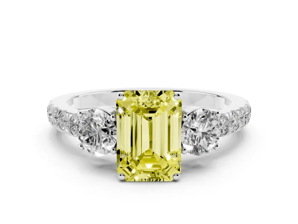 Fancy Yellow Emerald Cut Cut Diamond Three-Stone Ring with Round Side Stones and Pavé Band Silver