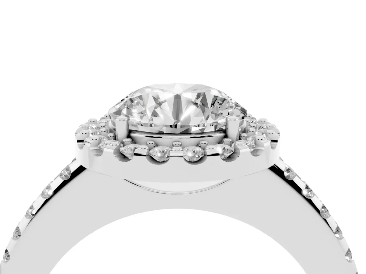 Round Cut Diamond Pavé Halo Ring with Four-Prong Setting Silver