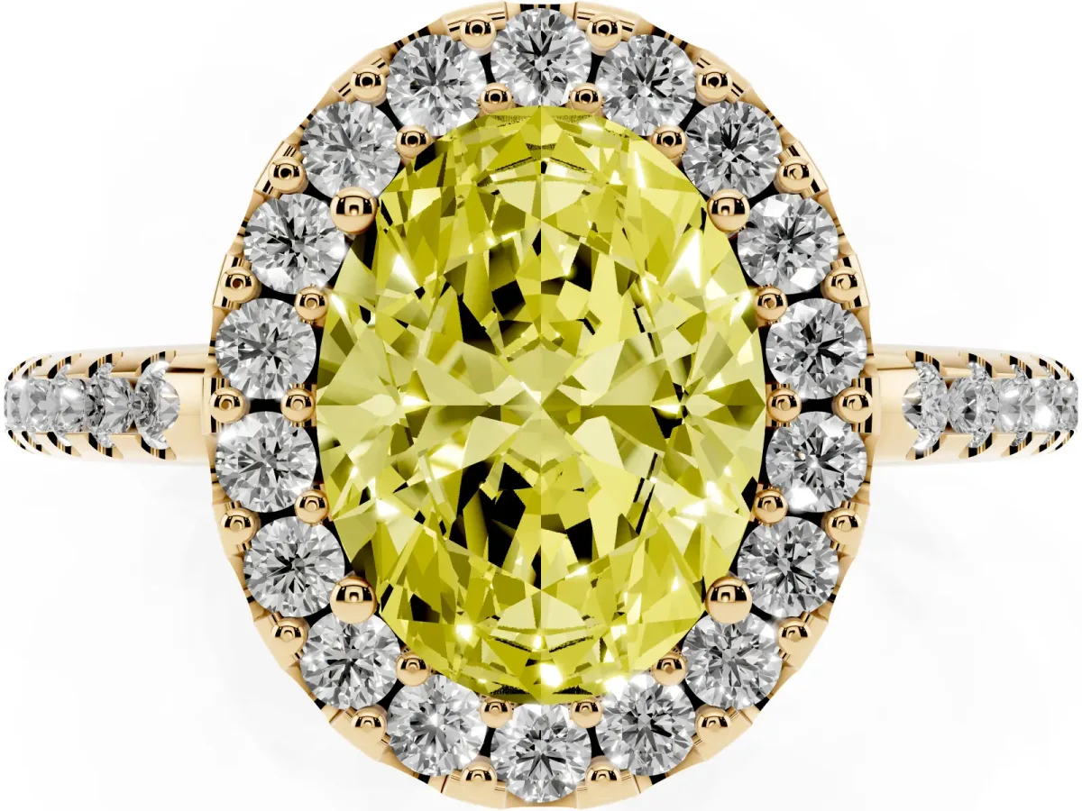 Fancy Yellow Oval Cut Diamond Pavé Halo Ring with Four-Prong Setting Yellow gold