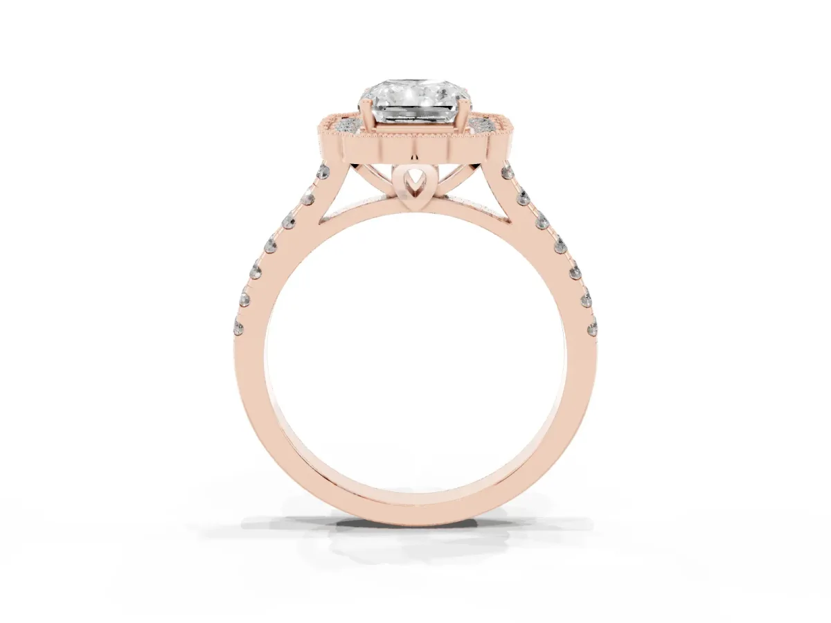 Radiant Cut Cut Diamond Milgrain Floral Halo Engagement Ring with Pavé Band Rose gold