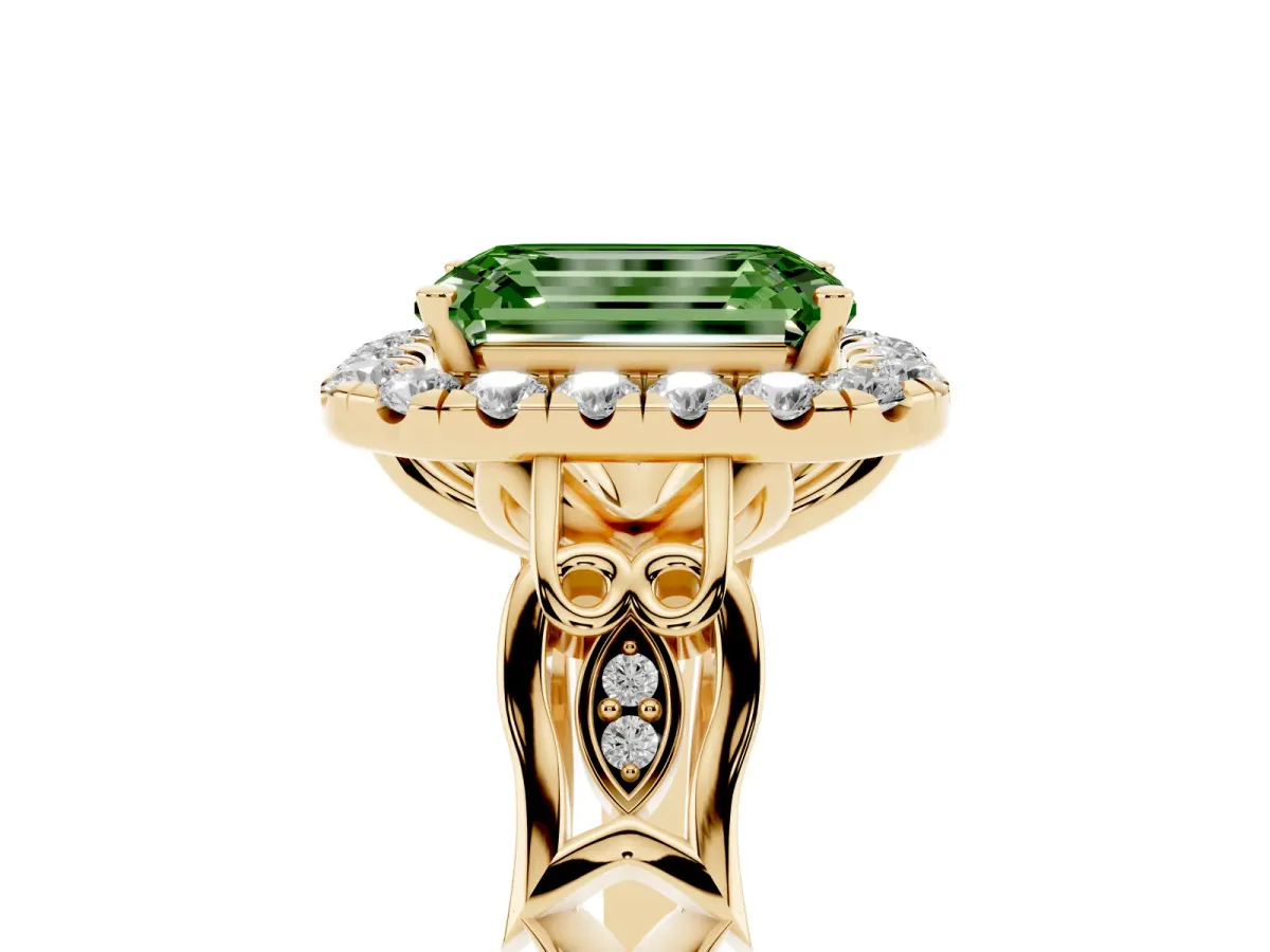 Fancy Green Emerald Cut Halo Diamond Engagement Ring with Filigree Band and Four-Prong Setting Yellow gold