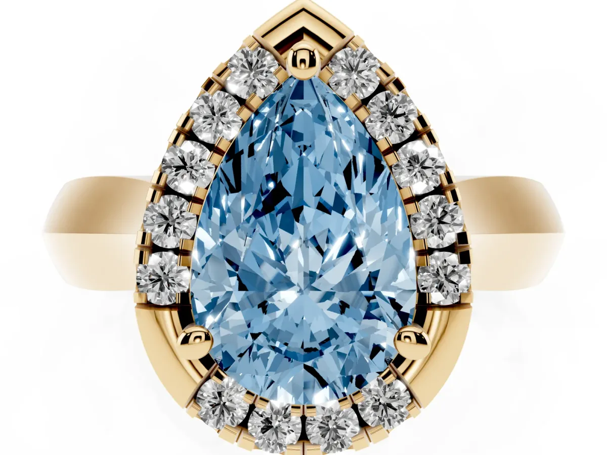 Fancy Blue Pear Cut Cut Halo Solitaire Engagement Ring with Square Band and Four-Prong Setting Yellow gold