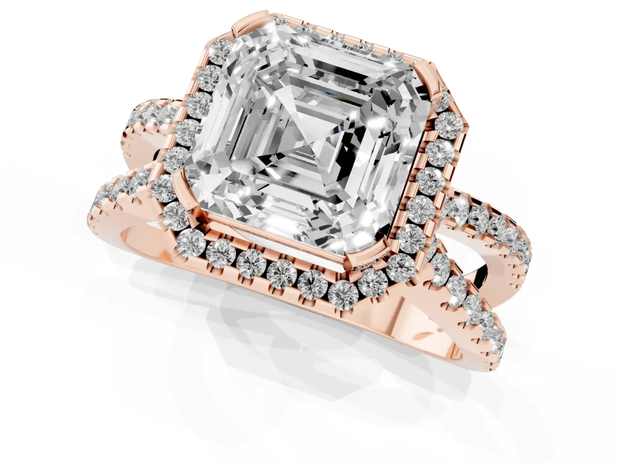 Asscher Cut Diamond Halo Ring with Split Shank Pavé Band and Prong Setting Rose gold