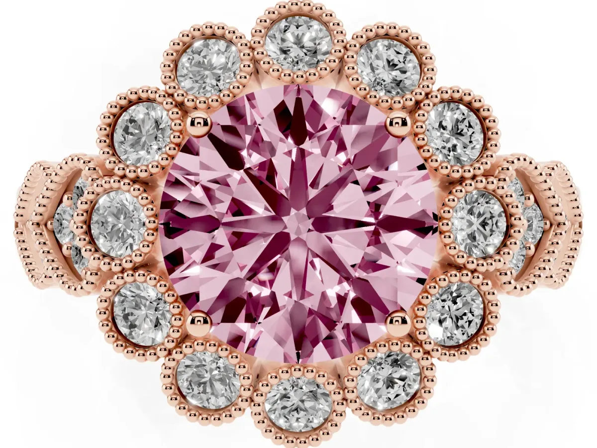 Fancy Pink Round Cut Brilliant Milgrain Pave Heart Band Solitaire Ring Rose gold