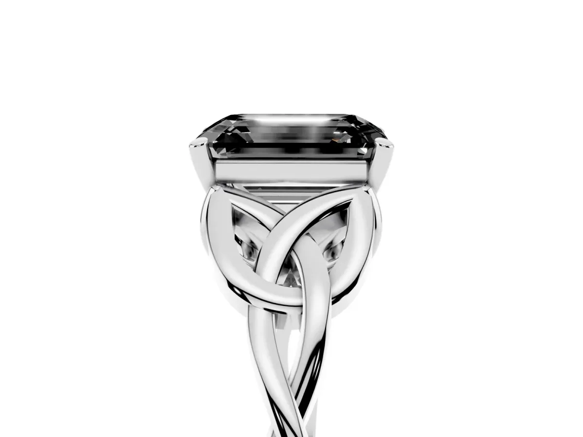 Fancy Black Emerald Cut Diamond Solitaire Engagement Ring with Celtic Knot Band and Four-Prong Setting Silver