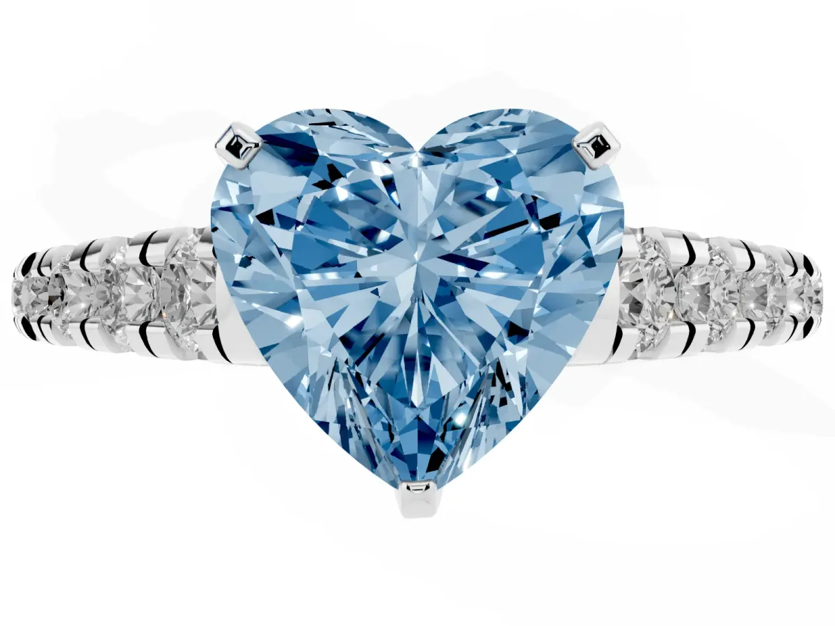 Fancy Blue Heart Cut Diamond Cathedral Solitaire Ring with Round Pavé Band Silver