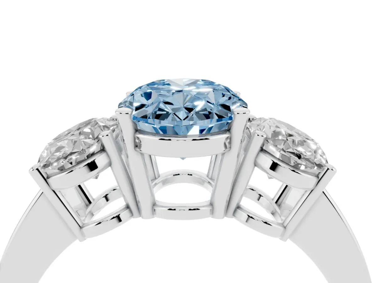 Fancy Blue Three-Stone Oval Cut Cut Diamond Engagement Ring with Flat Band and Four-Prong Setting Silver
